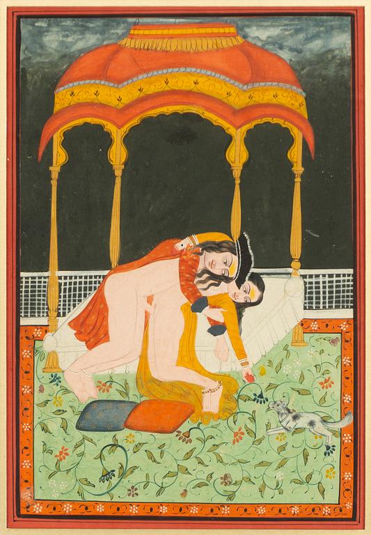 Unidentified artist, Erotic scenes, India, 20th century. Two pieces.