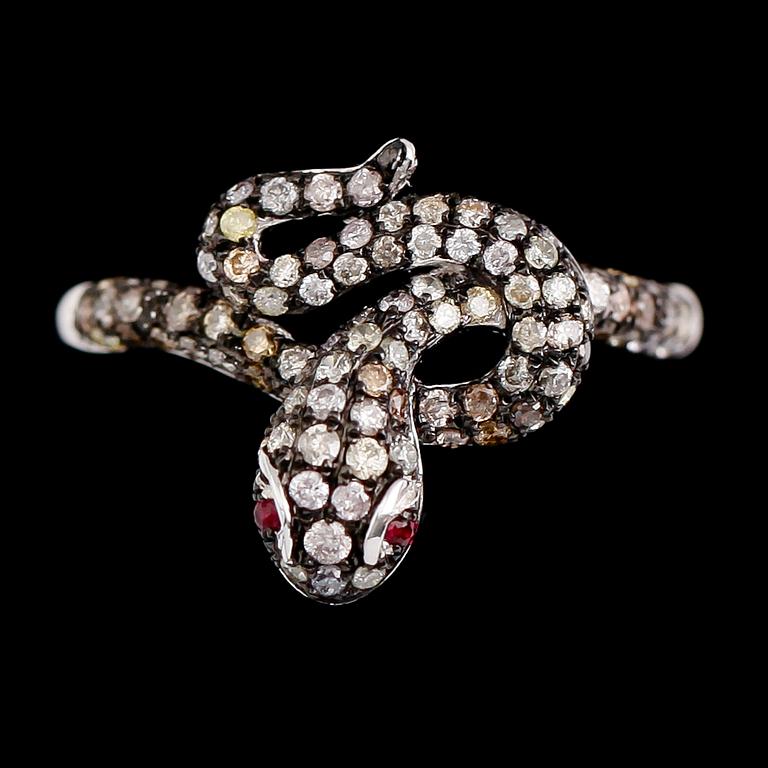 RING, 18 k guld, diamanter tot ca 0.68 ct, rubiner.