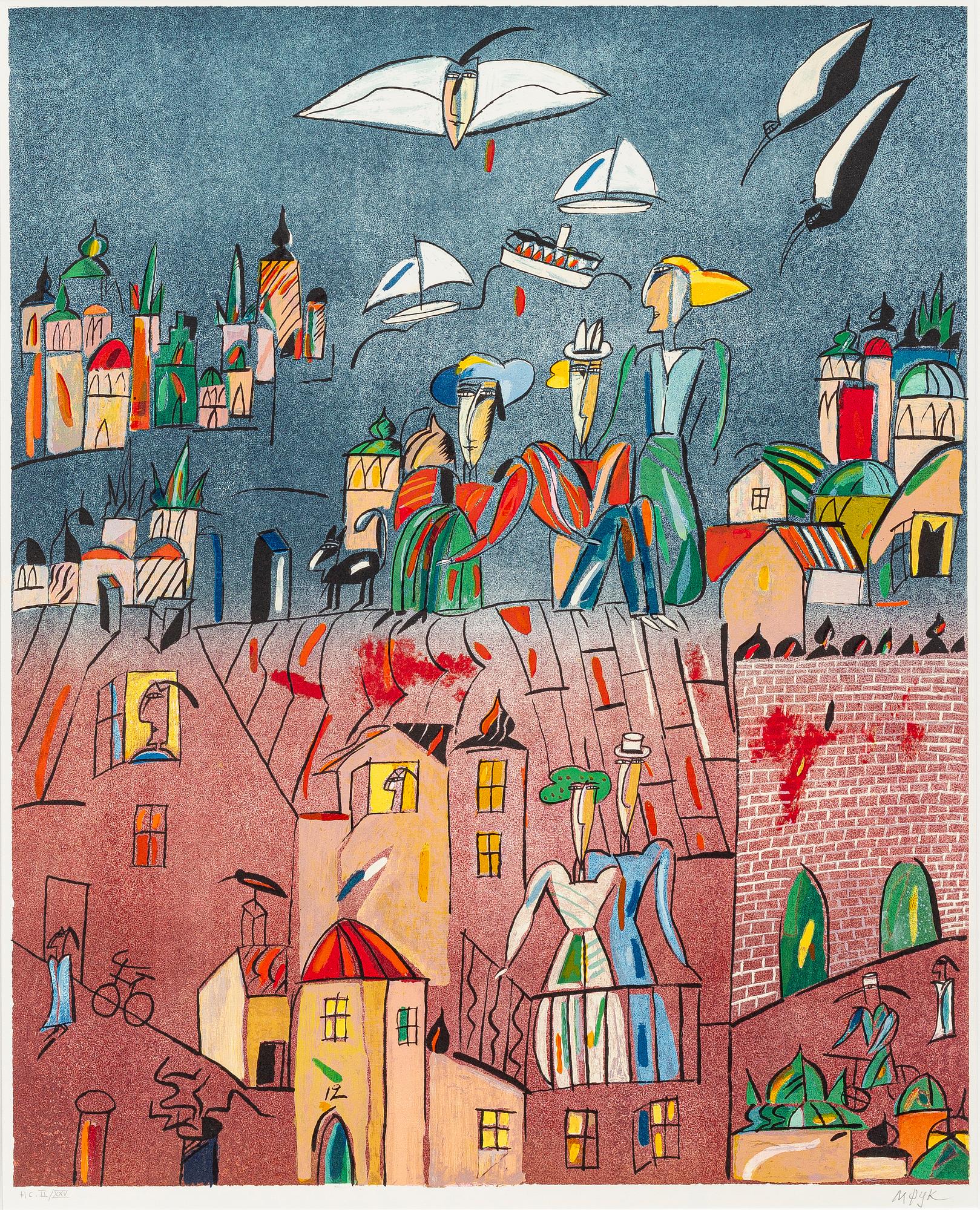 Madeleine Pyk, Cityscape with figures and animals.