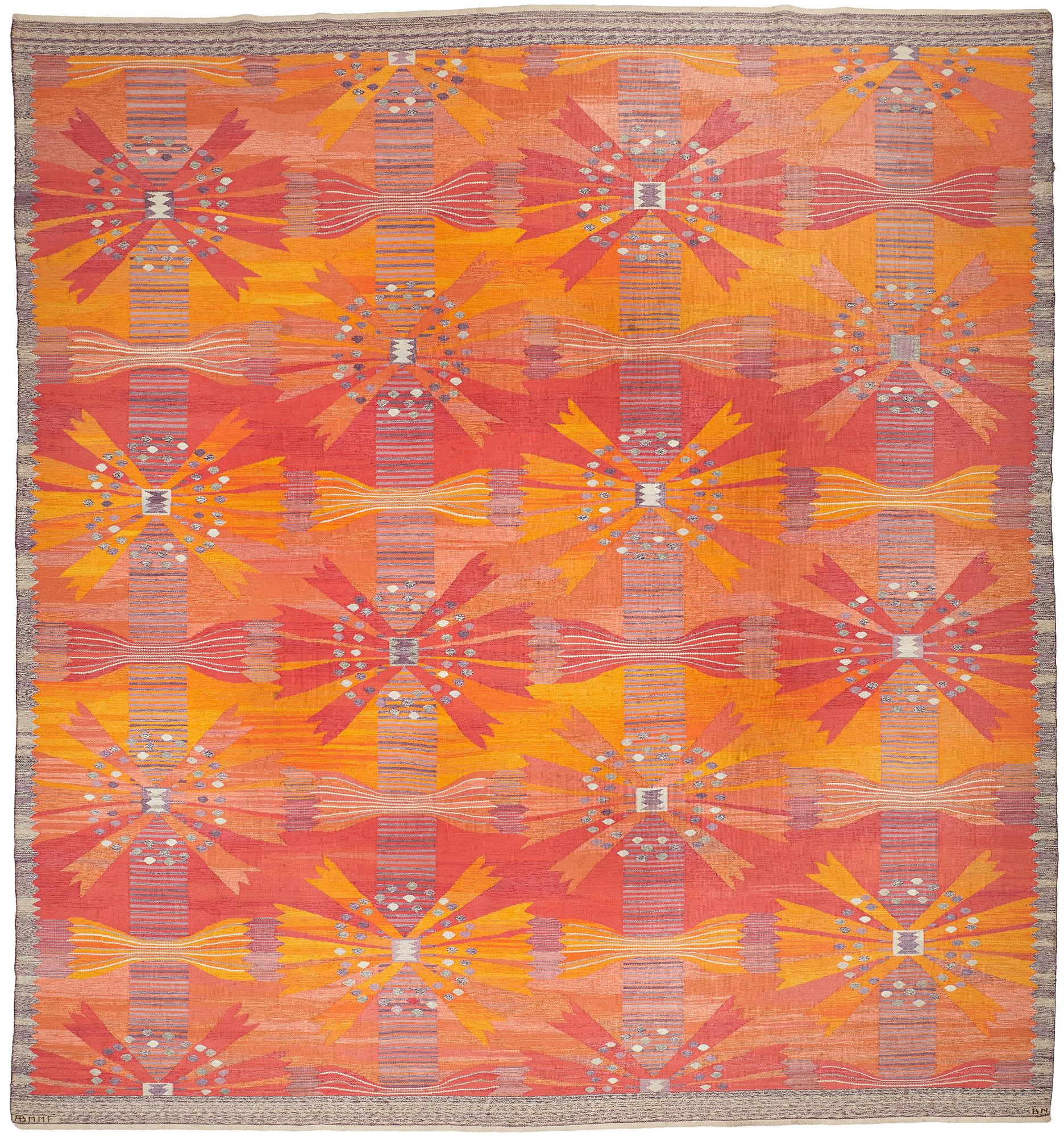 Barbro Nilsson, MATTA, "Park röd, Korsnäs", gobelängteknik, ca 447,5 x 424 cm, signerad AB MMF BN.