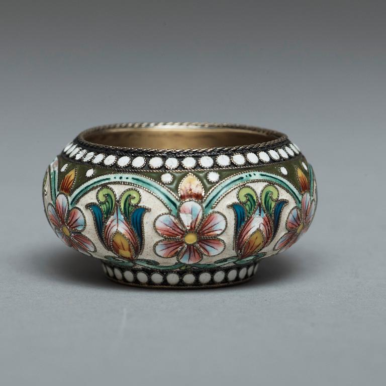 A Russian early 20th century silver-gilt and enamel salt, possibly of Maria Seminova, Moscow.
