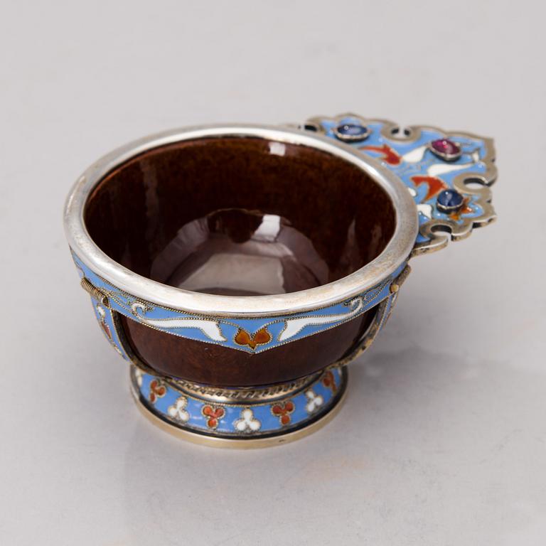 A RUSSIAN CHARKA, silver, ceramic and enamel, St:Petersburg 1885, Fredrik Tiander.