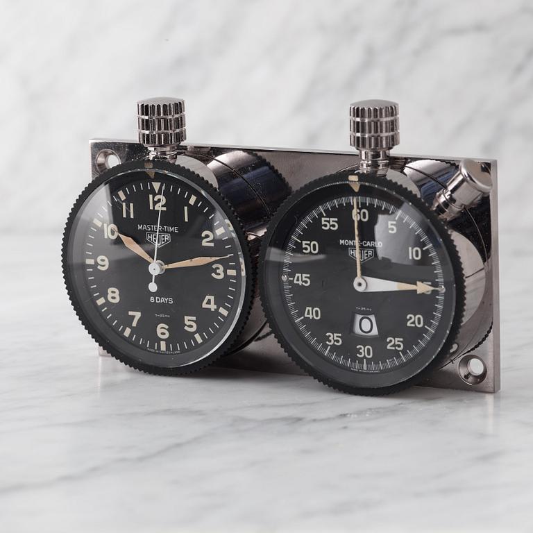 HEUER, Master-Time 8-Days and Monte-Carlo stop watch, dash-mounted timepieces.