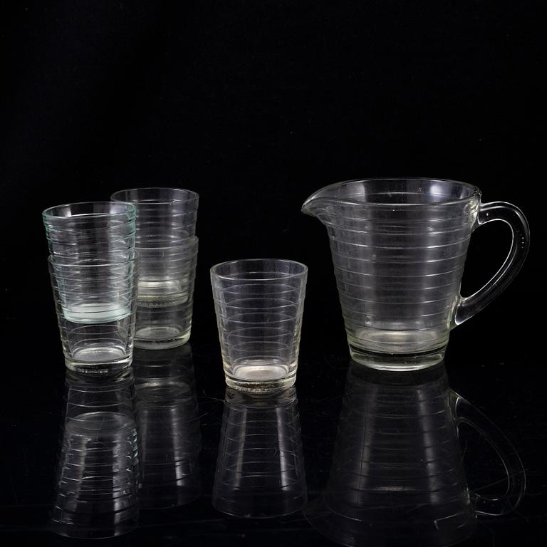 AINO AALTO, 5 glasses and a pitcher, 'Bölgeblick', Karhula. Iittala.