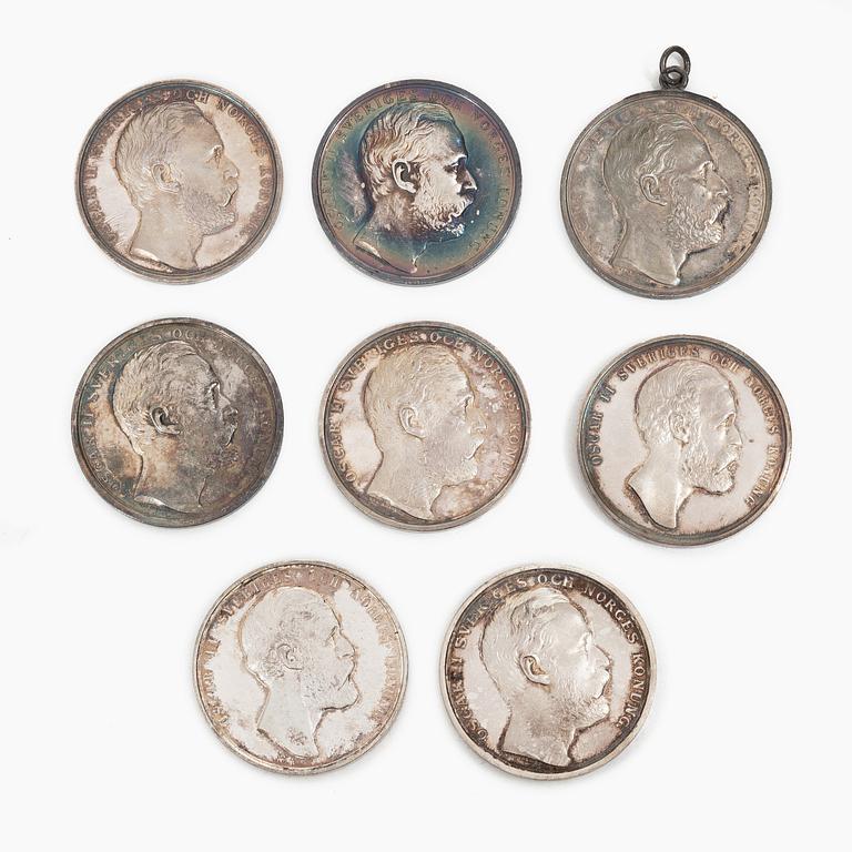 Eight silver medals, Kungliga Myntverket, Sweden, late 19th century.
