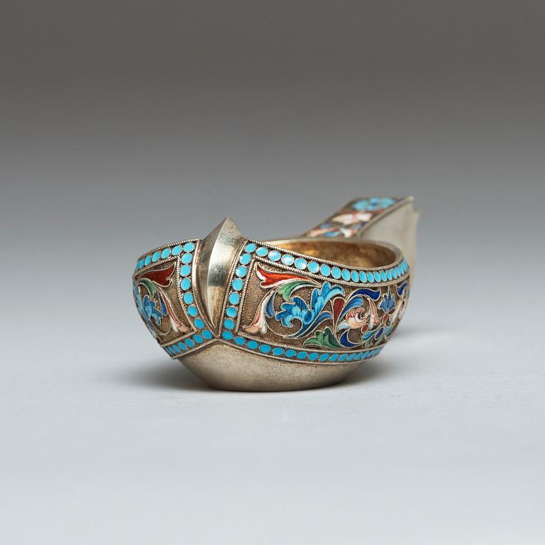 A Russian early 20th century silver-gilt and enamel, makers mark of Pavel Ovchinnikov, Moscow 1899-1908.