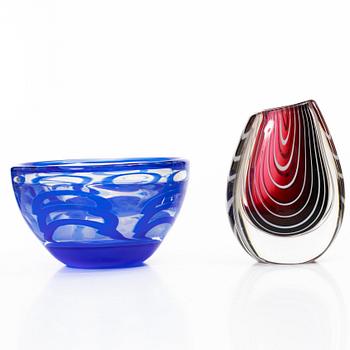 Ingeborg Lundin, bowl, graal, Orrefors, and Vicke Lindstrand, vase, "Zebra", Kosta.