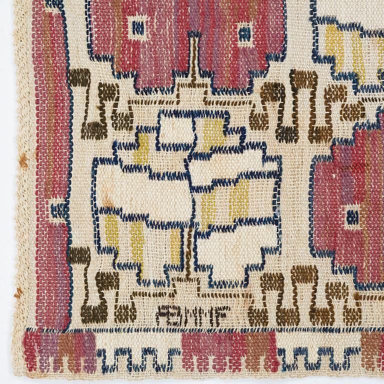 Märta Måås-Fjetterström, vävnad, "Grodblad röd", inplock på linnebotten, ca 40,5-41 x 58,5-60 cm, signerad AB MMF.