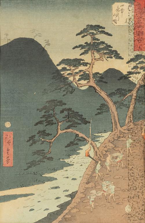 Tsukioka Yoshitoshi 1839-1892, efter,  respektive Utagawa Hiroshige II (Shigenobu), efter, färgträsnitt, 1900-tal.