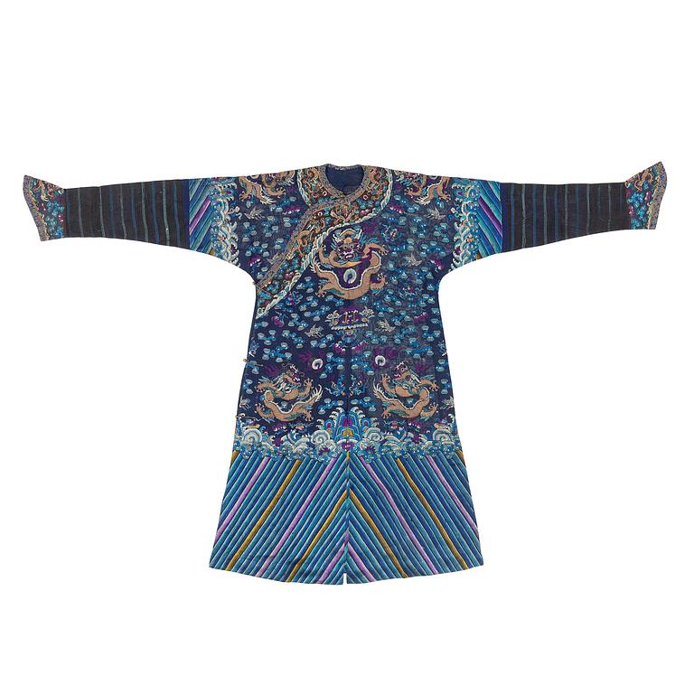 A blue ground summer gauze 'dragon robe' robe, Qing dynasty, circa 1900.