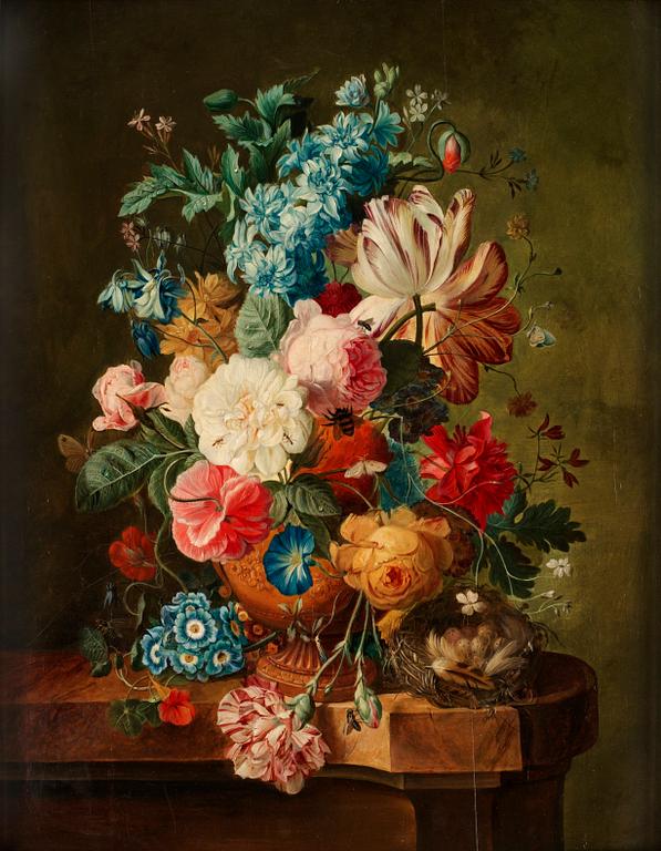 Paul Theodor van Brussel Äldre kopia efter, Stilleben med blommor, insekter och rede.