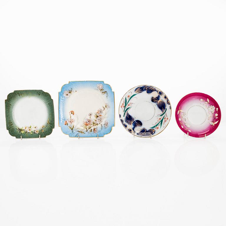 A 2-pcs set of porcelain cups with saucers, Kuznetsov and two plates, Gardner, various years 1880-1917.