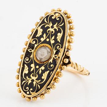Ring, oval shape, 18K gold with black enamel and rose-cut diamond, 19th century.