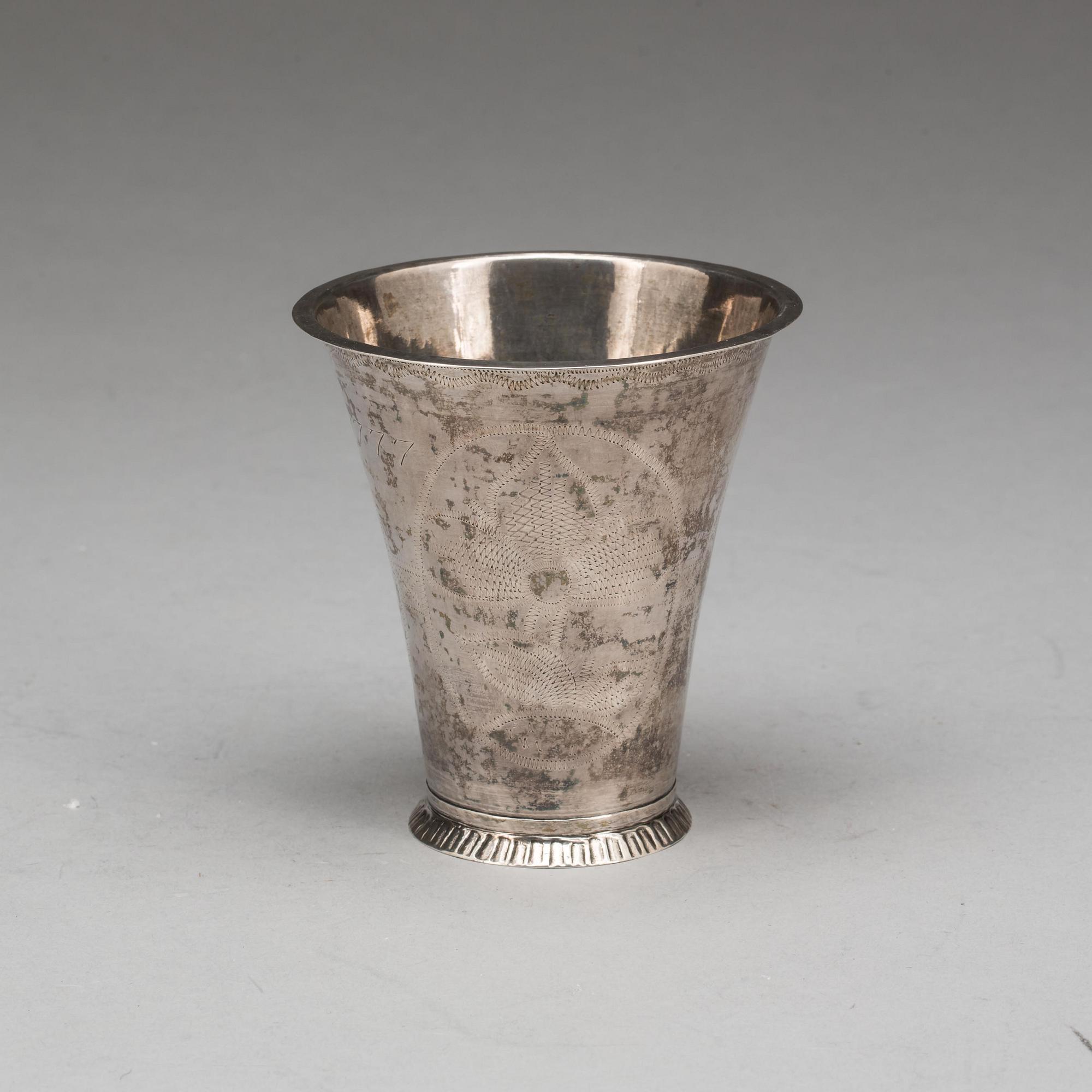 BÄGARE, silver, Johan H. Halek, Halmstad. 1700-tal. Vikt ca 92 gram.