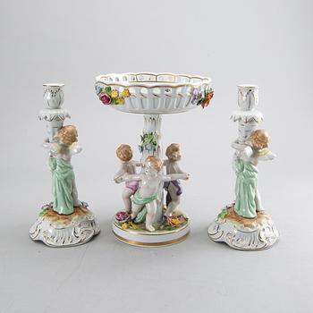 A pair of porcelain candle sticks and a bowl, Germany Schierholz mid 1900's.