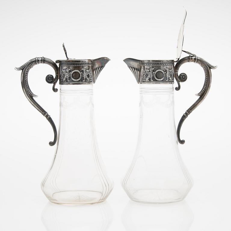 VINKANNOR, ETT PAR, silver och glas, Lazarus Posen, Frankfurt 1900-talets början.