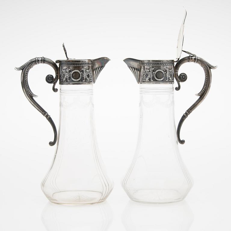 A PAIR OF WINE JUGS, silver and glass, Lazarus Posen, Frankfurt early 20th century.