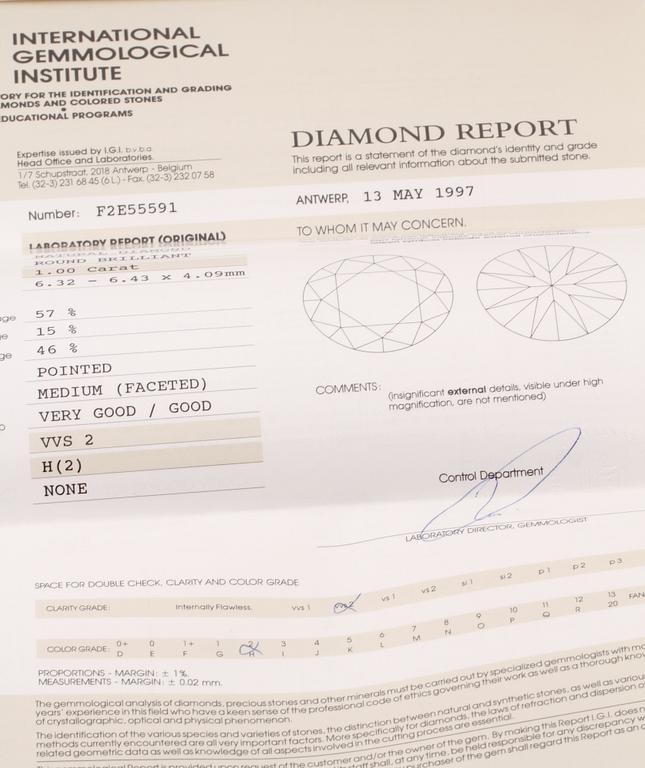 BRILJANTSLIPAD DIAMANT, 1.00 ct, oinfattad, certifikat daterat 1997.