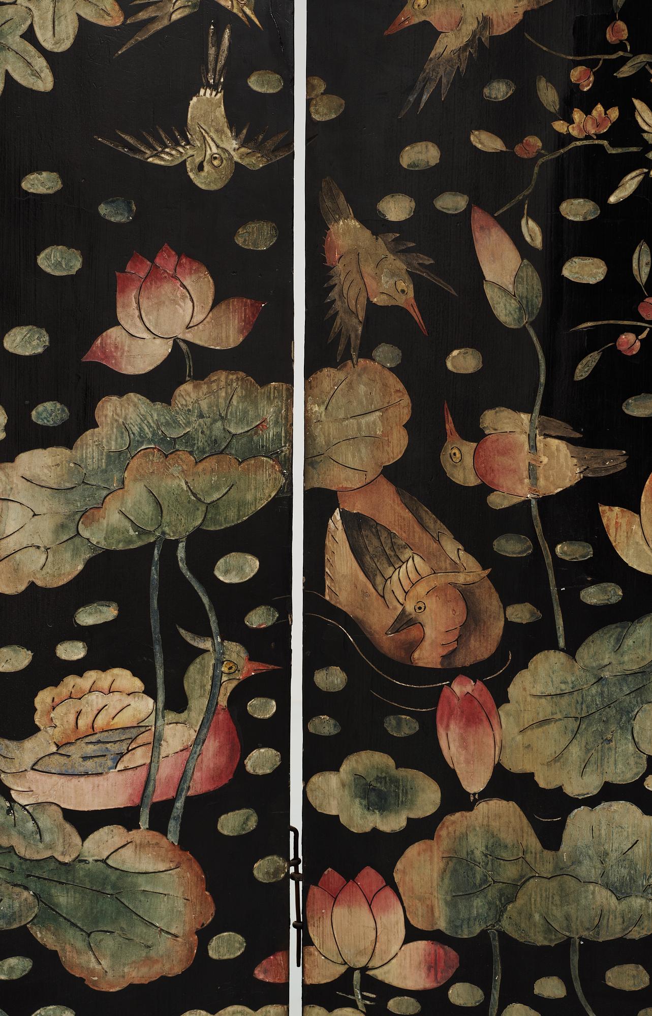 An eight panel lacquer screen, Qing dynasty, presumably Kangxi (1662-1722).