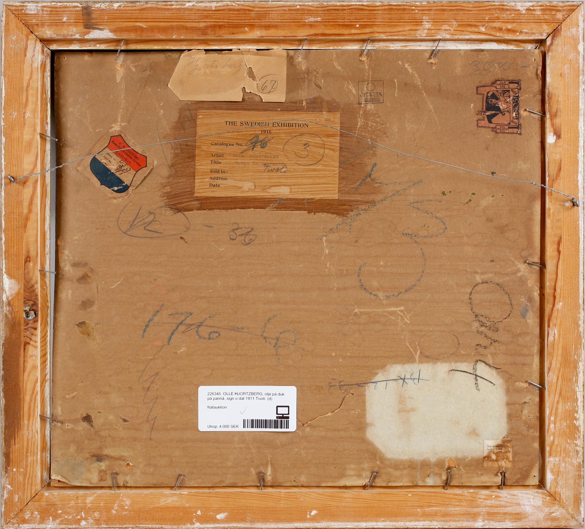 OLLE HJORTZBERG, olja på duk på pannå, sign o dat 1911 Tivoli.