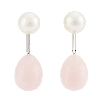 A pair of 18K white gold Gaudy earrings with cultured South Sea pearls and pink coral drops.