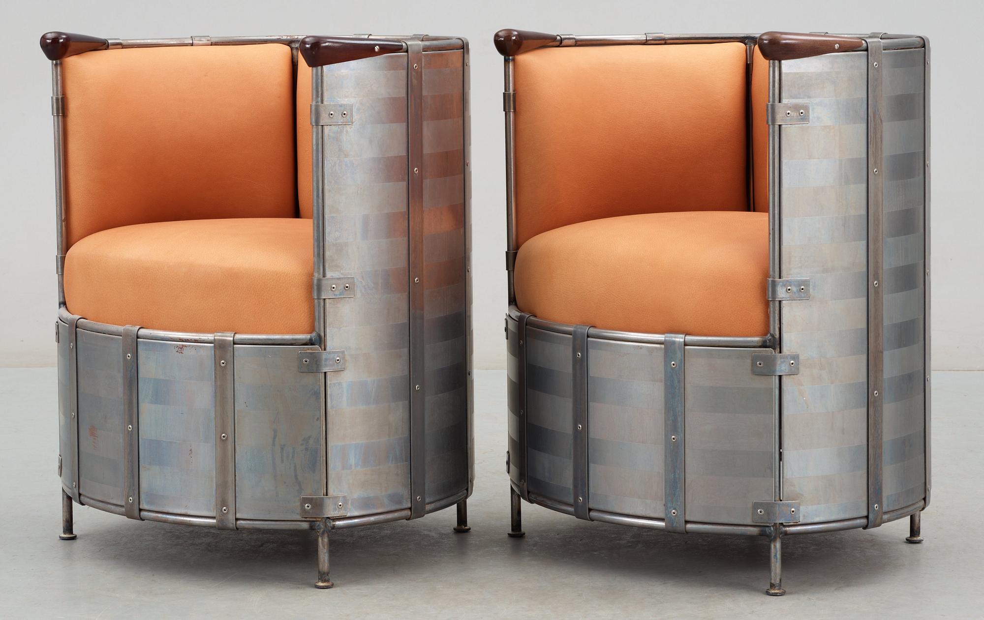 A pair of Mats Theselius moose leather armchairs 'Älgskinnsfåtöljen', Källemo Sweden 1991.