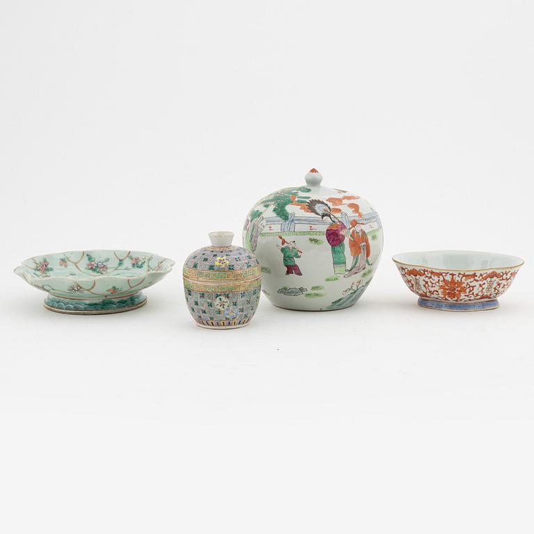 A famille rose jar with cover, box with cover and a dish and a bowl, China, circa 1900.