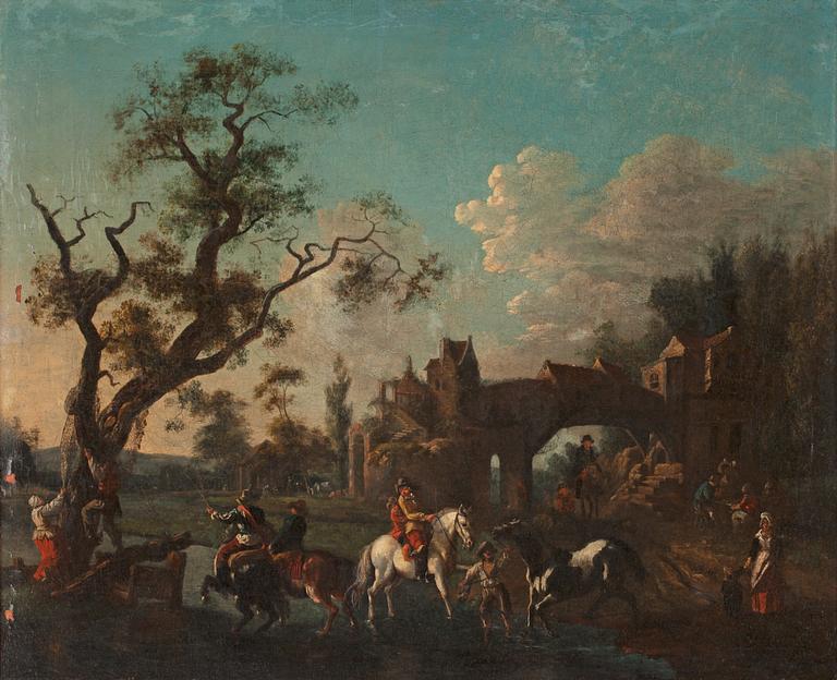 Philips Wouwerman Circle of, Figures and horses on a village street.