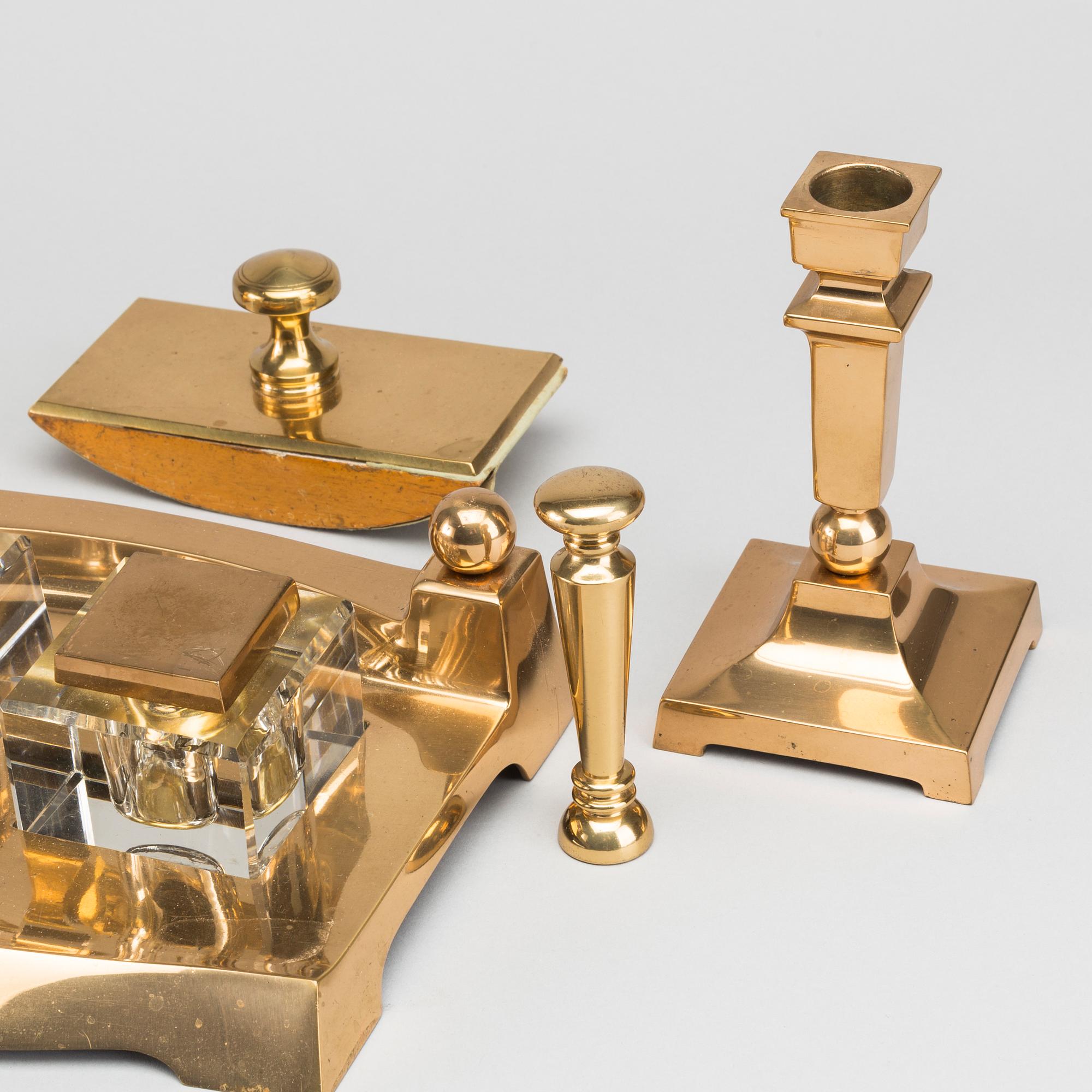 SIX PIECES BRASS INKWELL DESK SET, first half of the 20th century.