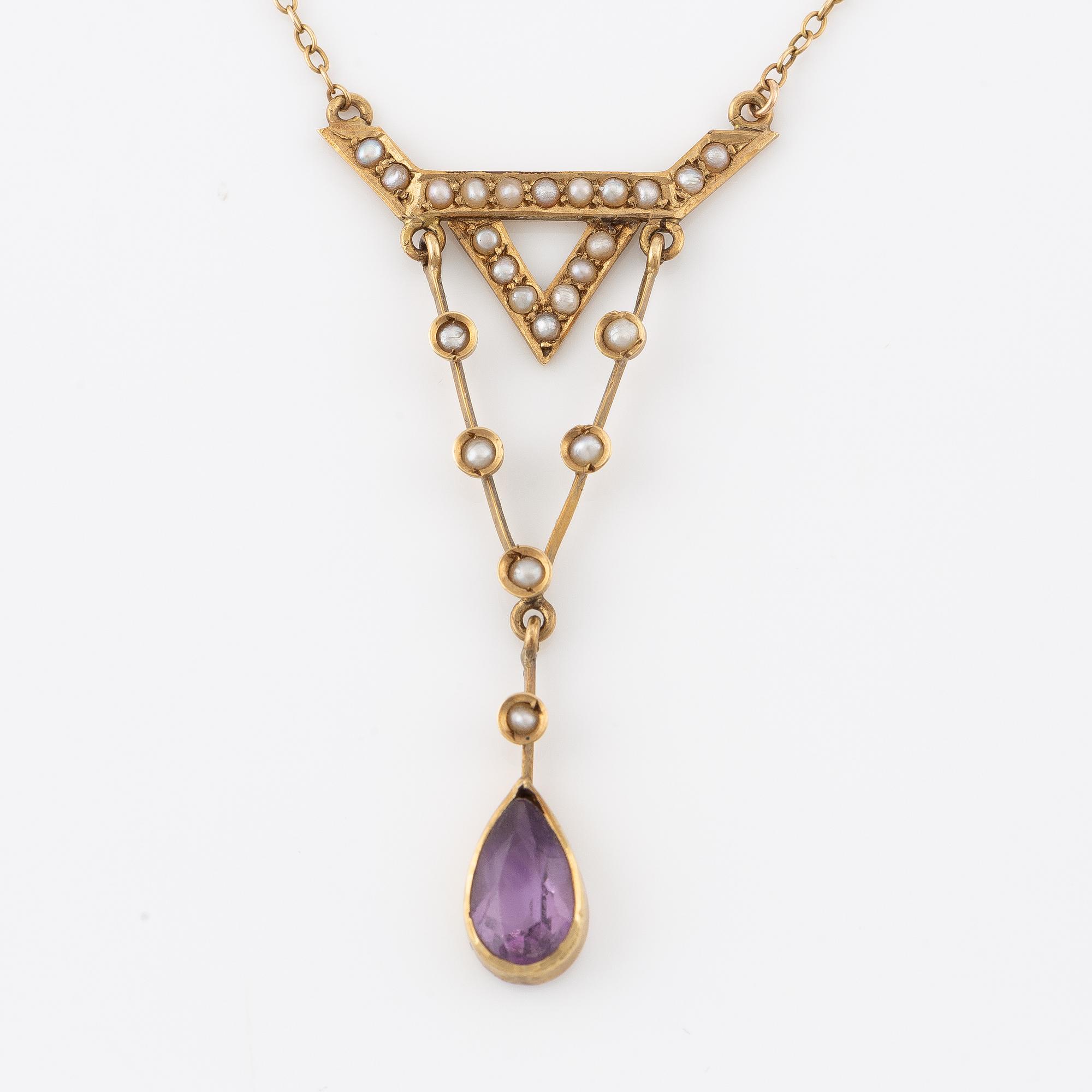 Necklace, 14K gold with amethyst and seed pearls.
