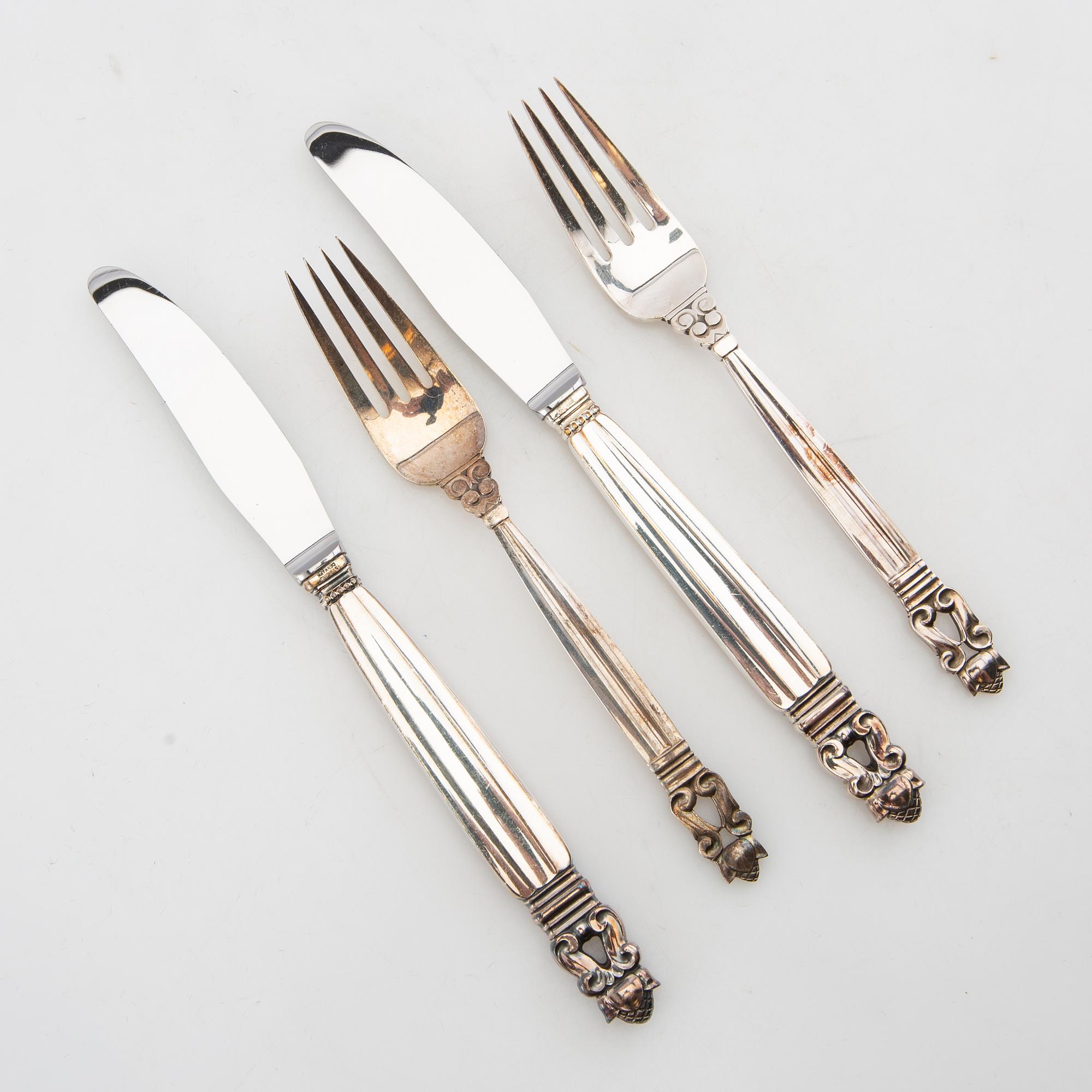 Johan Rohde, cutlery 24 pcs "Konge/Achorn" sterling silver for Georg Jensen after 1945.