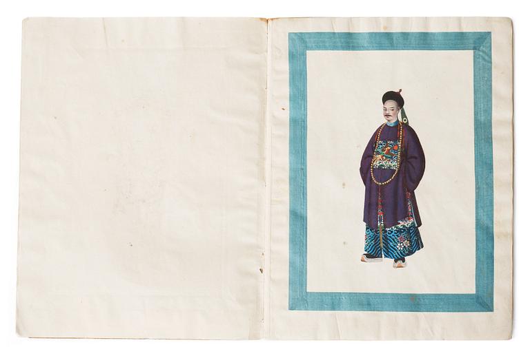 A Sunqua album of 10 export gouaches on paper, portraying the Chinese court, Qing dynasty, late 19th Century.