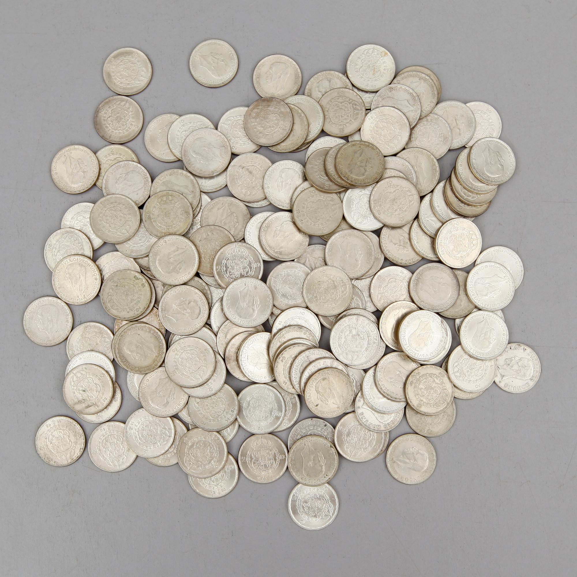 SAMLING SILVERMYNT, 2 kronor, Gustaf V, 1942-1950. Vikt ca 2180 gram.