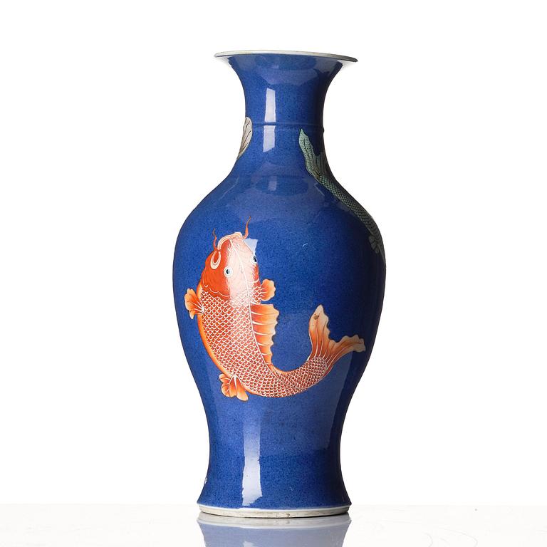 A powder blue and enamelled 'fish' vase, late Qing dynasty.