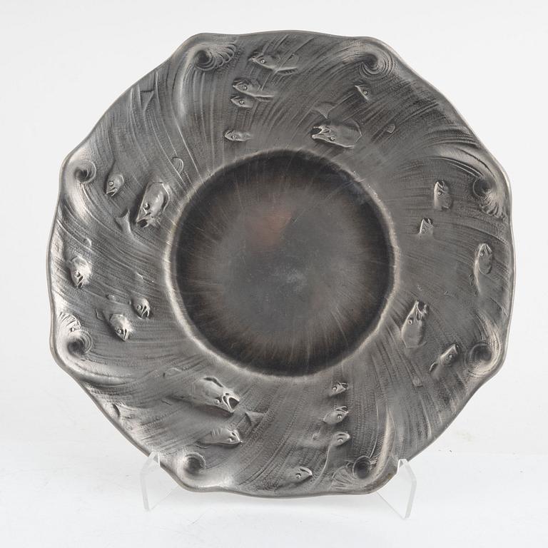 Olof Ahlberg, a pair of pewter candlesticks and a dish, Stockholm, including 1960.