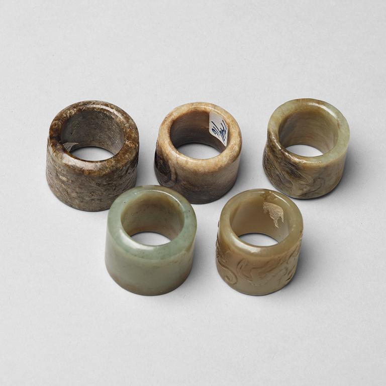 A set of five Chinese nephrite archers rings.