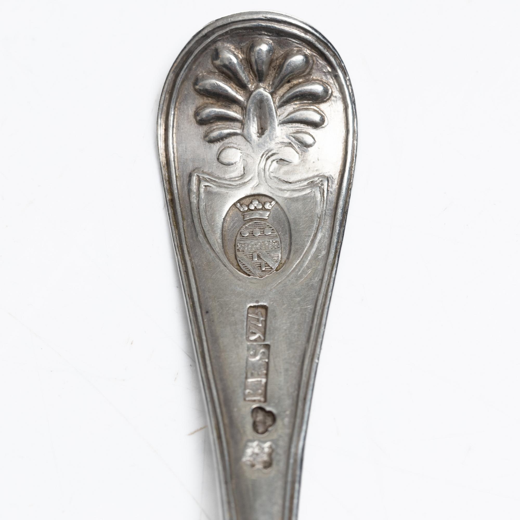 Nine Swedish silver teaspoons from Karlskrona, including with mark of Petter Fredrik Sundberg, 1853.