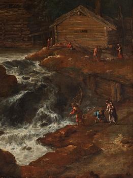 Allaert van Everdingen Attributed to, Landscape with figures beside a waterfall.