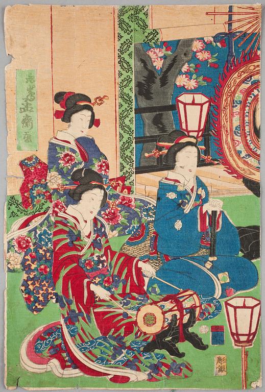 TRÄSNITT, 5 delar varav en triptyk, bland annat Toyokuni III Japan, 1800/1900-tal.