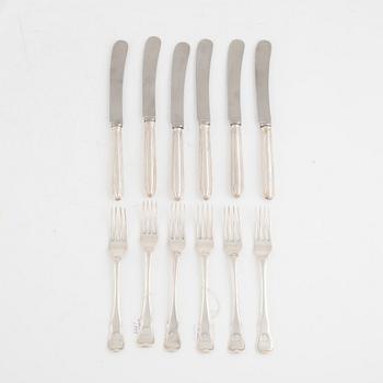 A set of six Swedish silver forks and six knives, including Johan Schröder, Landskrona 1759.