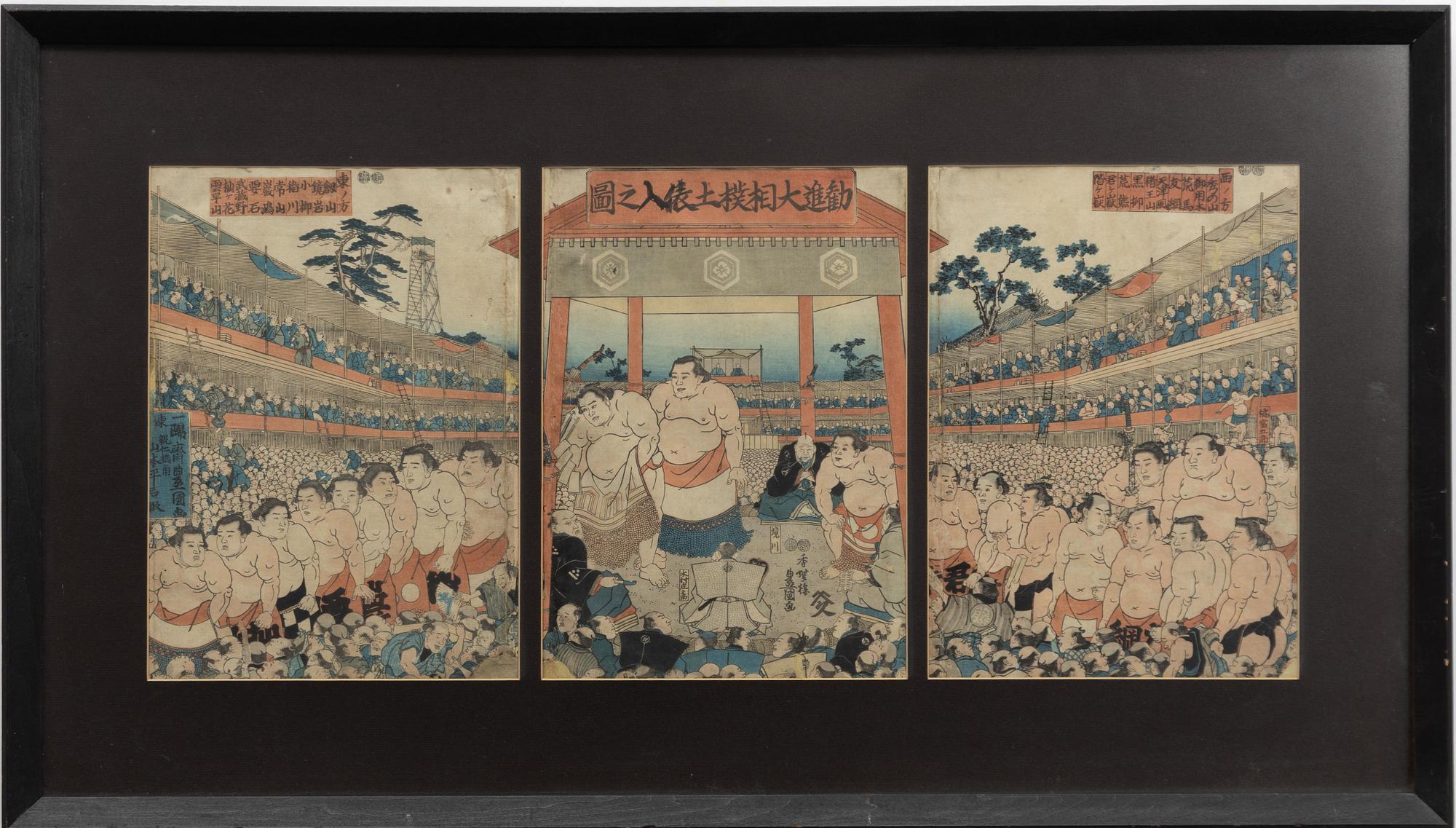 Utagawa Kunisada, "Wrestlers entering the stage in front of audience".