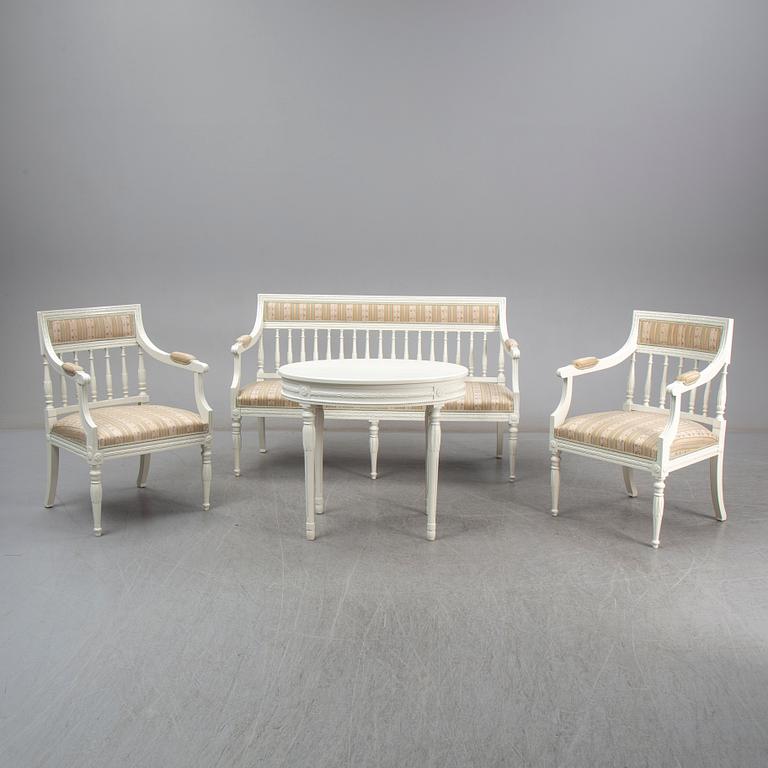 A pair of chairs, sofa and table, late gustavian style, 1900's.