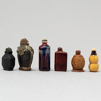 Six Chinese snuff bottles, 20th century.