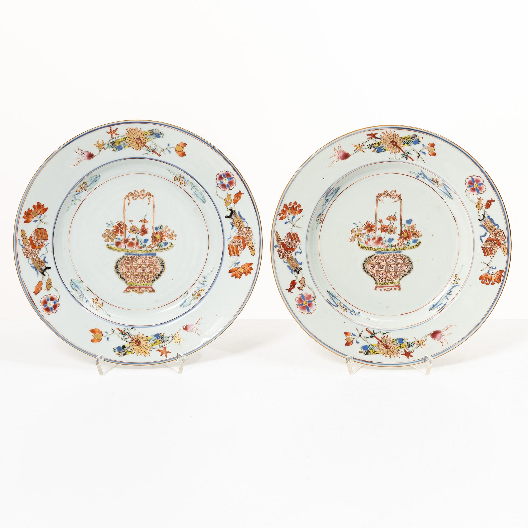 Two famille rose 'flower basket' dishes, Qing dynasty, early 18th century.