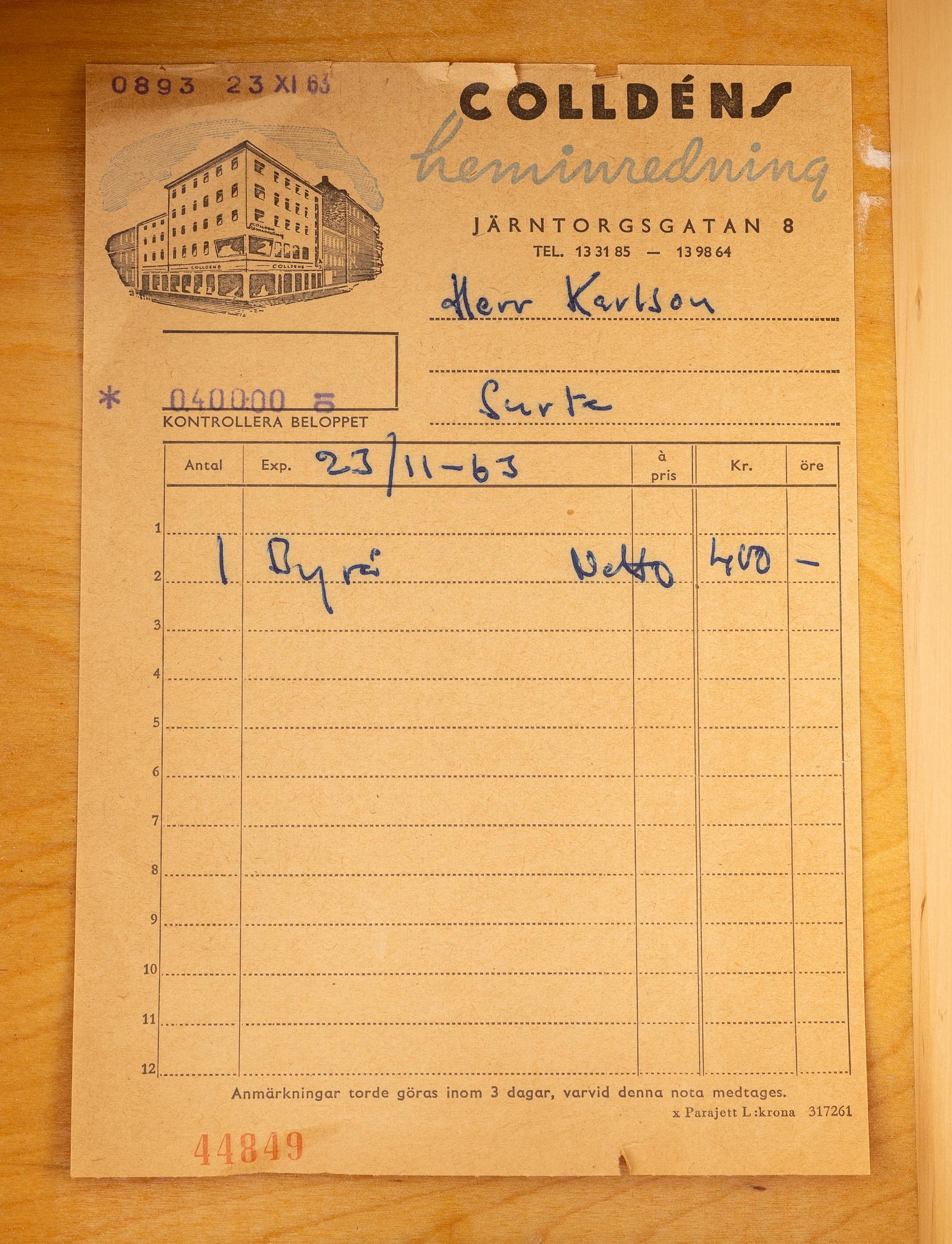 Aktuell Form AB, möjligen Sigvard Bernadotte & Acton Björn, byrå, "Tall Boy", Fröseke AB Nybrofabriken, 1960-tal.