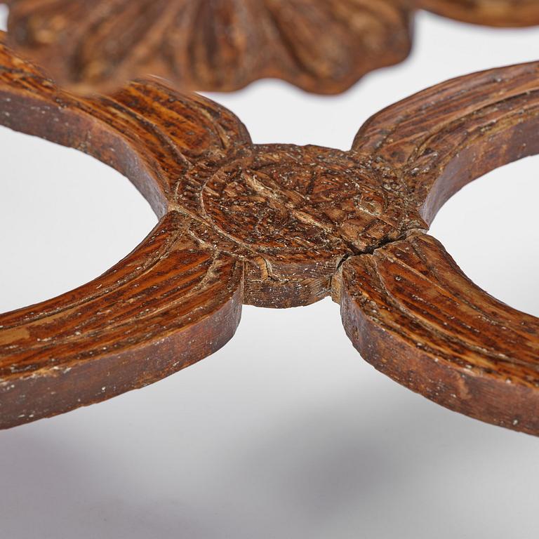 A pair of carved stools in the manner of Jonas Granberg, Jämtland, Sweden, mid 18th century.
