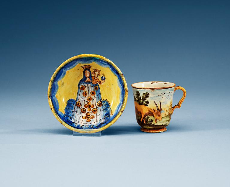 An Italian majolica cup and stand, Urbino, 18th Century.