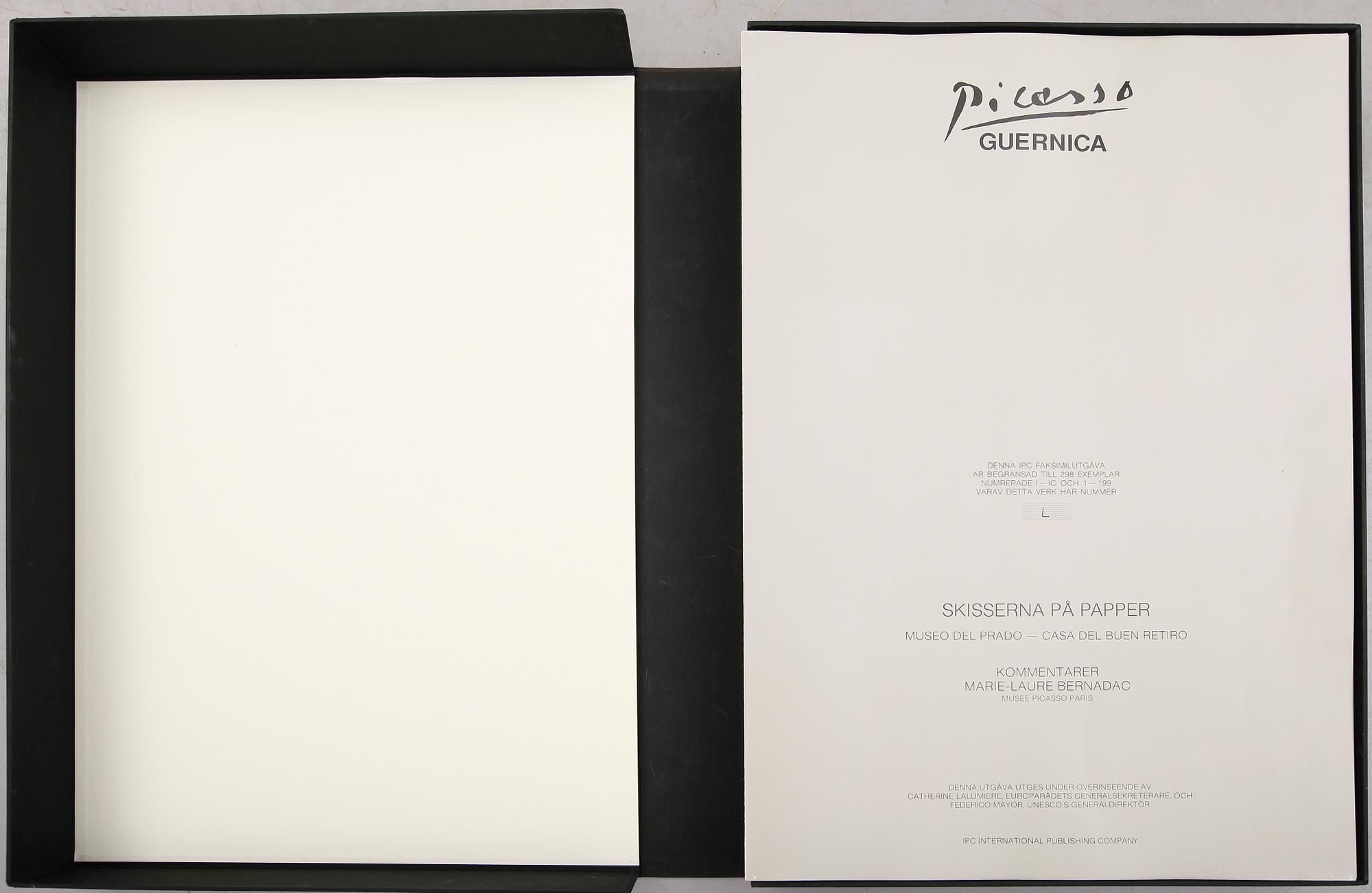 PABLO PICASSO, mapp med facsimilskisser "Guernica". Begränsad svensk utgåva till 298, 1990.