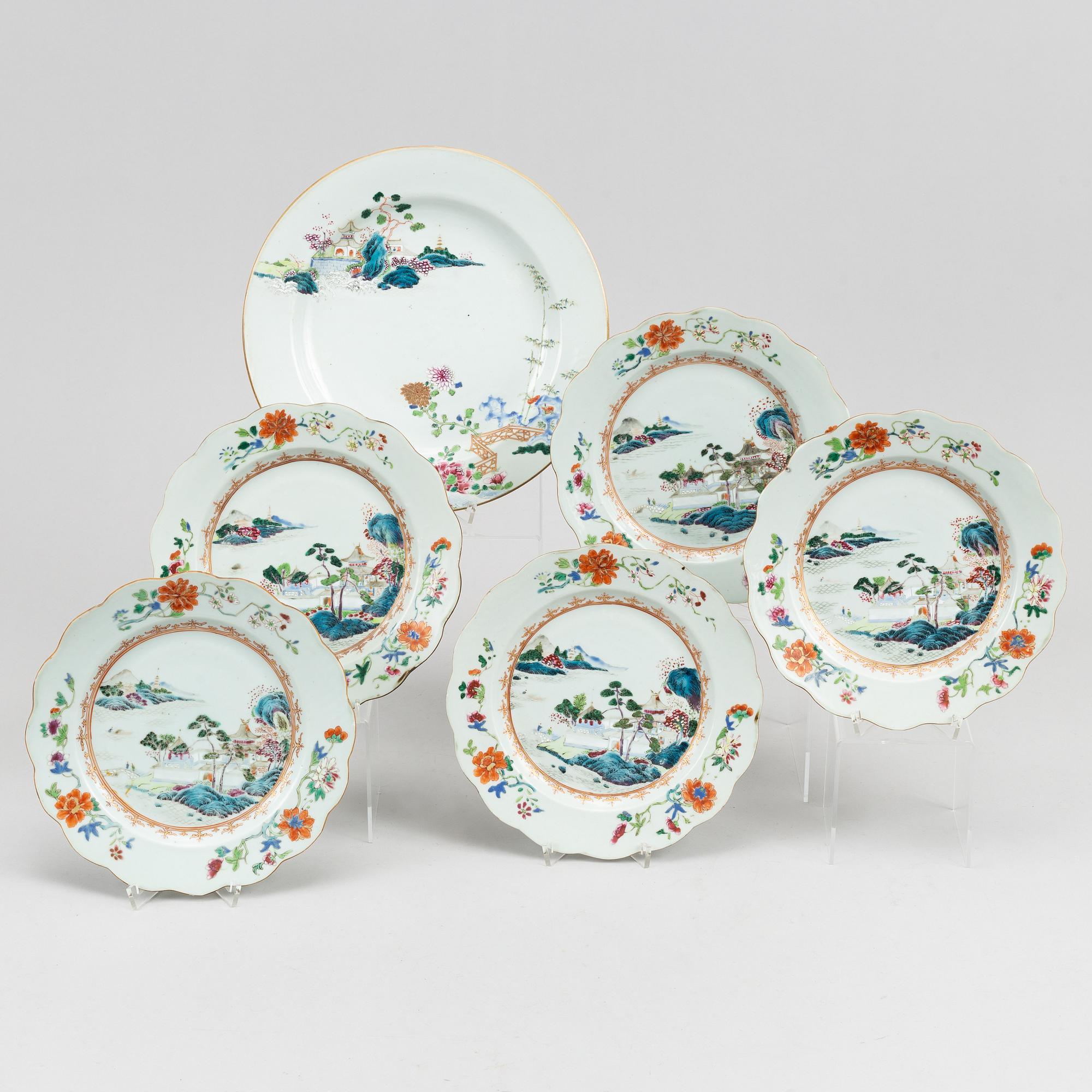 A famille rose dish and five plates, Qing dynasty, Yongzhen (1723-35).