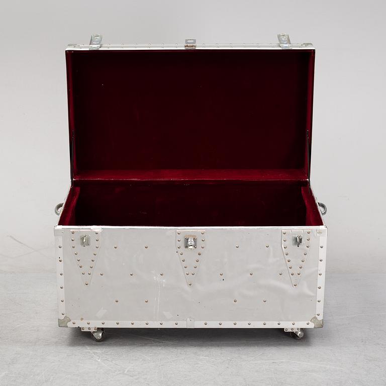 A large metal storage box on wheels, 20th Century.